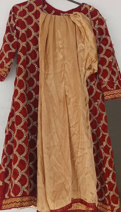 Maroon Heavy Embroidered Frock Maxi 3-Piece - Chest 18 - Length 37