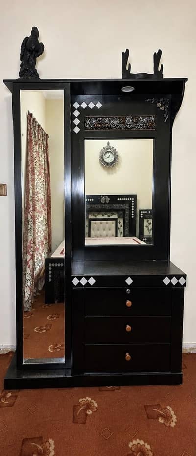 black and silver complete bed with dressing and two side tables
