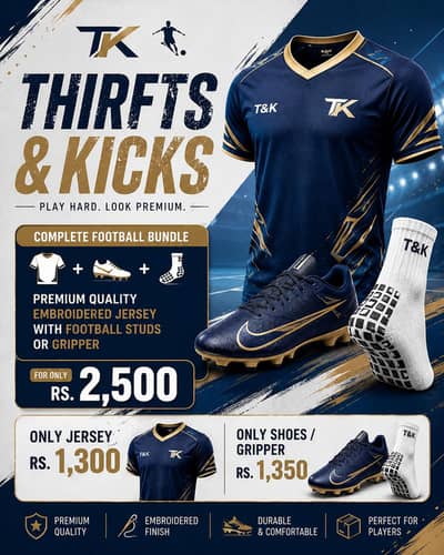 Premium Embroided football Jersey + Studs/Gripper Bundle |Rs. 2,500