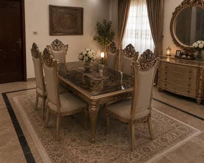Royal Dinning Table with 6 Chairs wooden top with class added