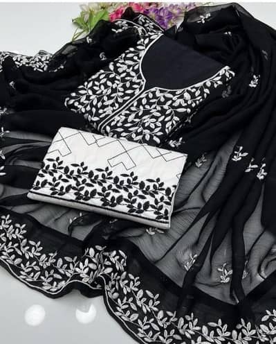 Premium Black & White Leaf Embroidered Women Lawn Suit (Unstitched)