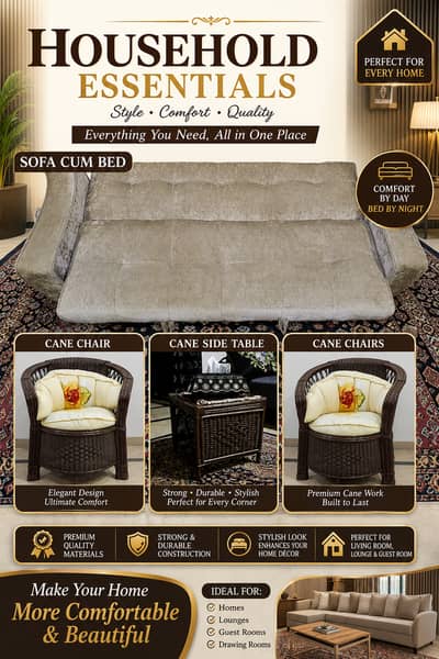 Premium Velvet Sofa Cum Bed - Cane Chair Set with Center Table