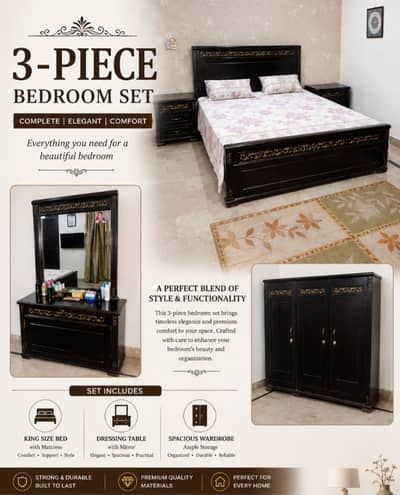 Luxury 3-Piece Bedroom Set with Mattress – King Size Bed, Dressing