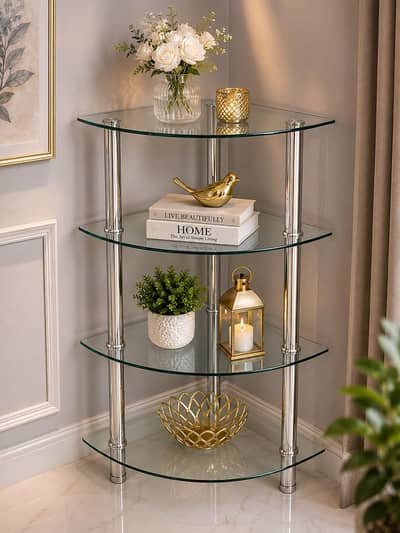 4-TIER CORNER GLASS DISPLAY RACK