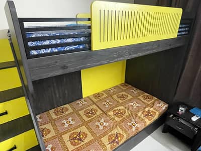 Great Quality Yellow & Black Bunk Bed with Stairs & Cupboard