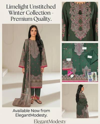 Limelight Unstitched 3-Piece Printed Suit - ElegantModesty