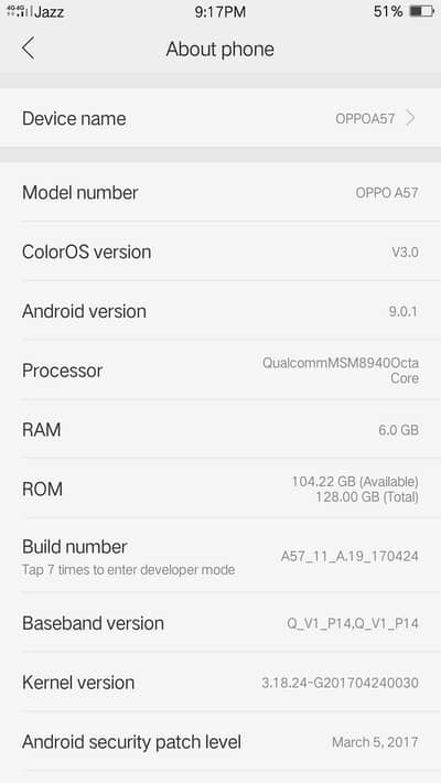 oppoa57 condidition 10 by 9 ha