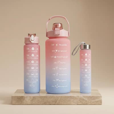 3 In 1 Motivational Water Bottel Set - Gradient Water Bottel