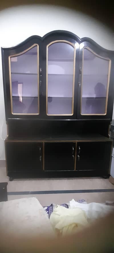 Beautiful 3-Door Wooden Crockery Cabinet with Glass Doors