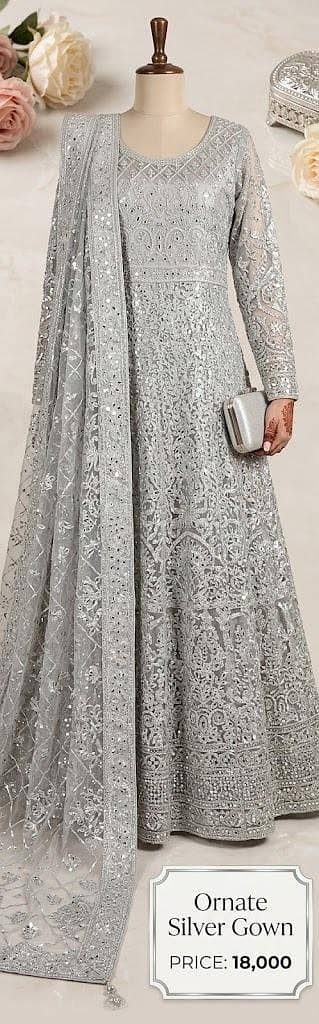 Ornate silver heavy embroidered gown with duppta . party wear dress