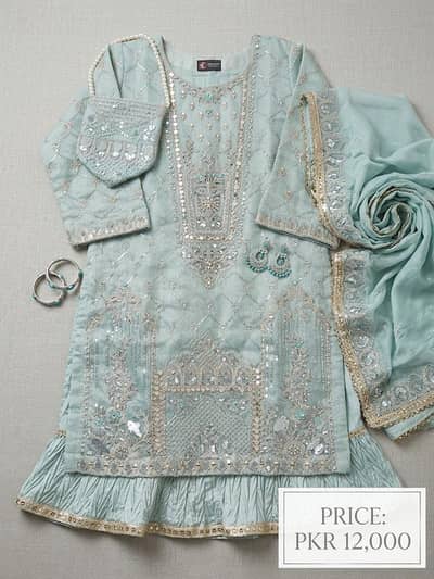Sky blue embroidered 3pieces suit. Party eiid, weeding, Ready to wear,