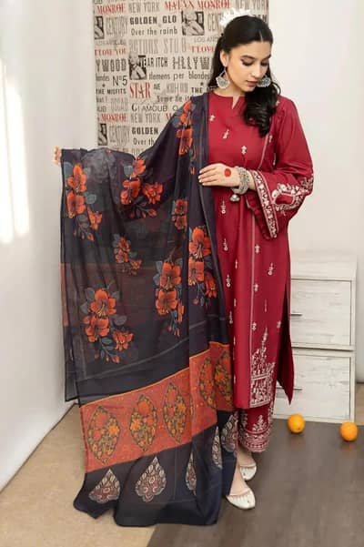 Maroon lawn 3 piece embroidery suit with printed dupata 03214181624