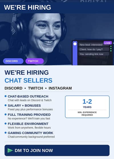 Experienced Chat Seller Required – Discord, Twitch & Instagram