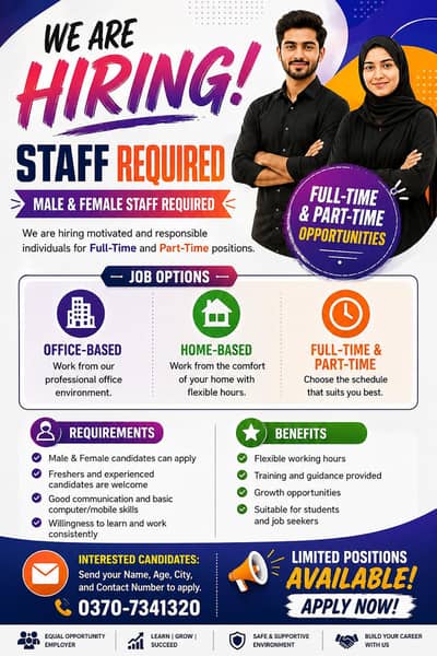 Hiring both males and female for Office and Remote Work