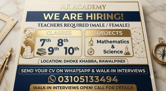 Urgent Teacher Required for Acadamy in Rwp