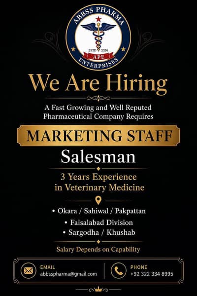 Veterinary Medicine  Salesman required 3 years experience