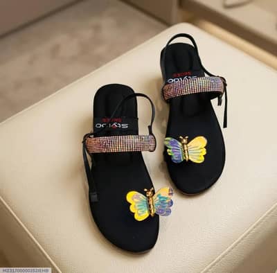 women butterfly Rhinestone flat sandals black.