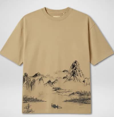 “Beige Mountain Print Oversized T-Shirt”