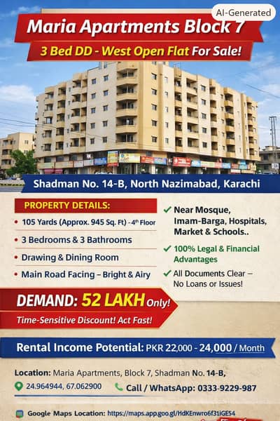 3 Bed DD ,West open Flat  For Sale (945 Square Feet)  in Shadman#2