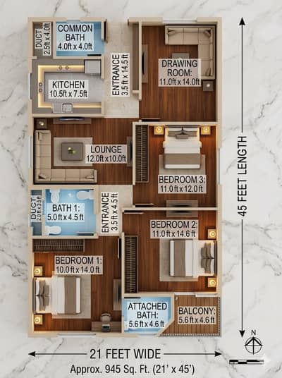 3 Bed DD ,West open Flat  For Sale (945 Square Feet)  in Shadman#2
