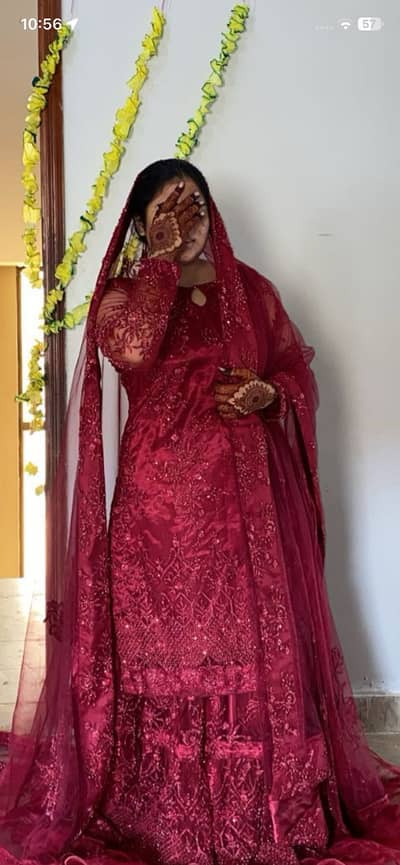 Maroon Bridal Barat Dress – Worn Once – Cut Dana Work – Farshi Lehenga