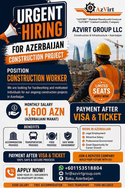  urgent hiring construction worker for Azarbijan | salary 1600 AZN