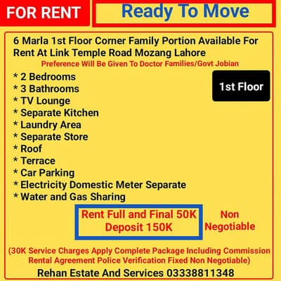 6 Marla Corner 1st Floor Portion For Rent At Link Temple Road Mozang