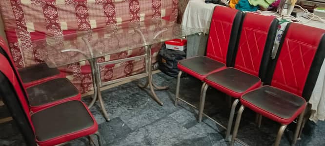 Used Steel Dining Table Set – 6 Chairs with Glass Top