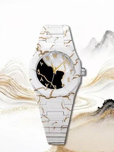 White Marble Dial Watch for Men Carbon Fibe.