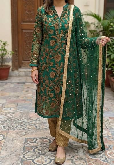 single used 3pcs green net long shirt with golden embroidery.