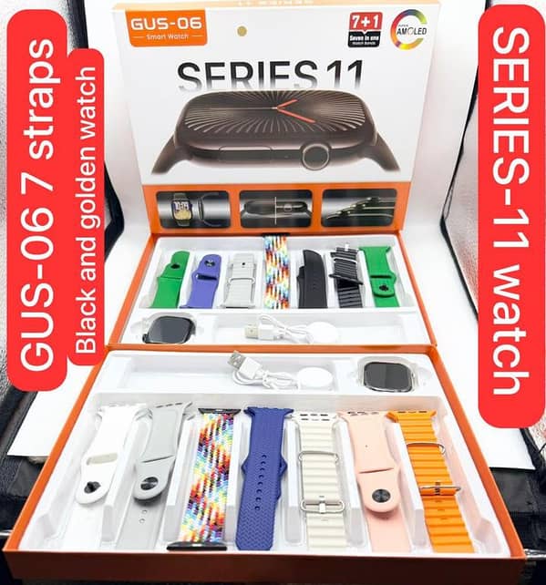 GUS-06 Smart Watch Series 11 Original AMOLED Display - 7-in-1 Combo Pack with 7 Premium Straps | All-in-One Smartwatch for iOS & Android"