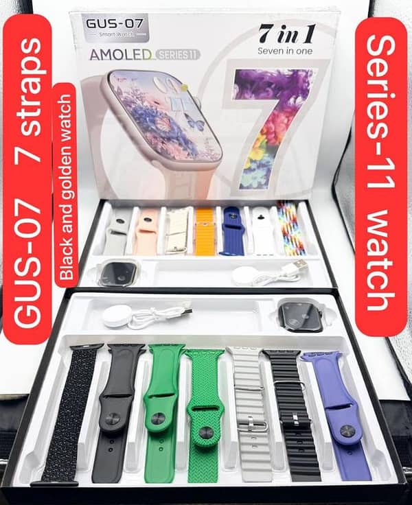 GUS-07 Smart Watch Series 11 Original AMOLED Display - 7-in-1 Combo Pack with 7 Premium Straps | All-in-One Smartwatch for iOS & Android"