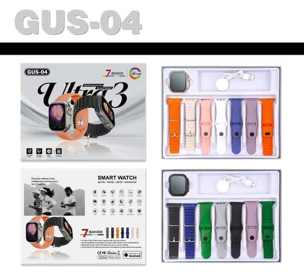 GUS-04 Smart Watch ULTRA 3 Original AMOLED Display - 7-in-1 Combo Pack with 7 Premium Straps | All-in-One Smartwatch for iOS & Android"
