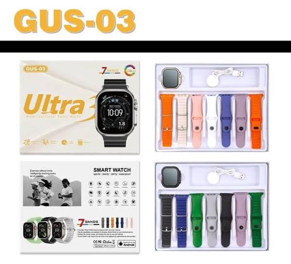 GUS-03 Smart Watch ULTRA 3 Original AMOLED Display - 7-in-1 Combo Pack with 7 Premium Straps | All-in-One Smartwatch for iOS & Android"
