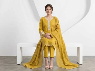 Mustured Embroidered 3Pcs Cotton Lawn Suit Set For Women !!