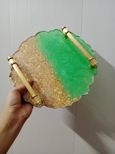 Luxury Handmade Resin Serving Tray with Gold Handles