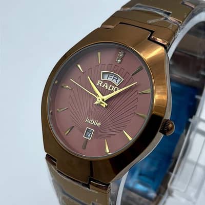 men's stainless steel rose gold watch with day & date display