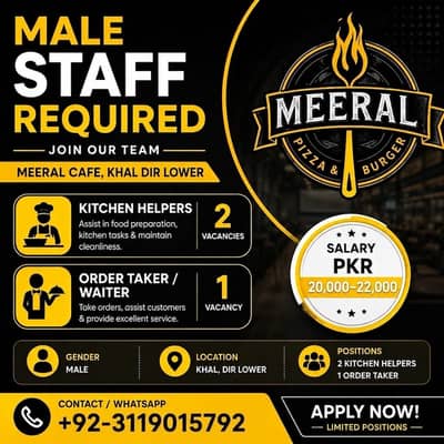 Male kitchen helpers & order taker required - Meeral cafe.