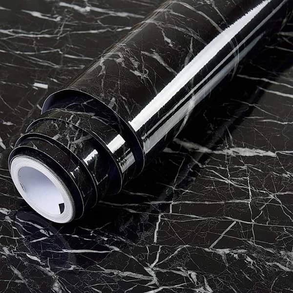 Wallpaper stickers for kitchen: Marble foil sheet, oil- and water-proof vinyl for cabinets and walls (2 m, black)