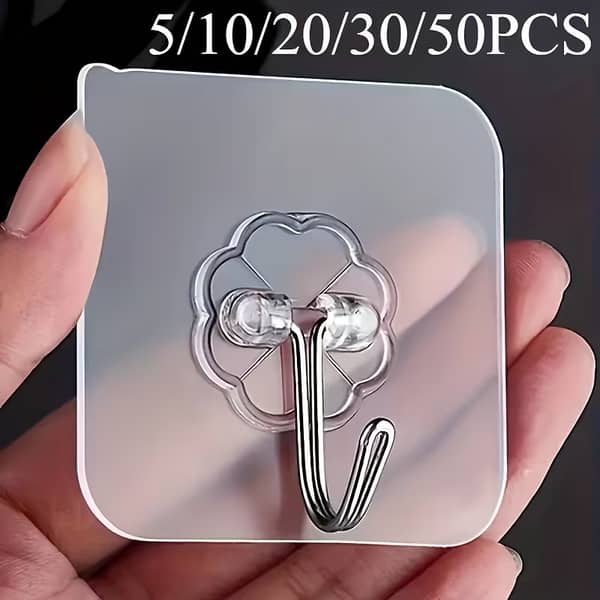 PACK OF 10 Heavy Duty Self-Adhesive Wall Hooks - Transparent, No-Drill, Waterproof and Removable