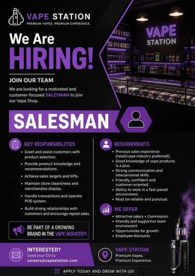 Saleman required for Vape Shop