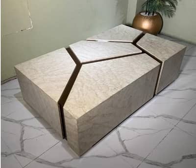 Elegance Center Table with Marble Look Top, Curved Wooden frame