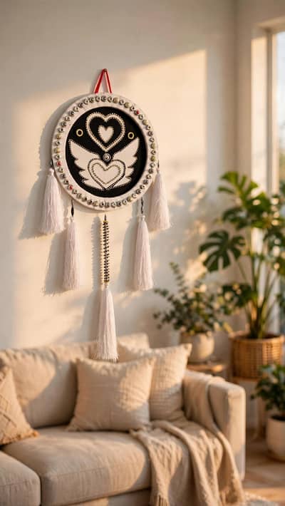 handmade boho wall hanging -lippan art with white tassels /heart wings