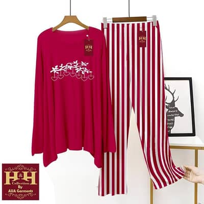 Women's Night Suit Red White Print Cotton Jersey Set