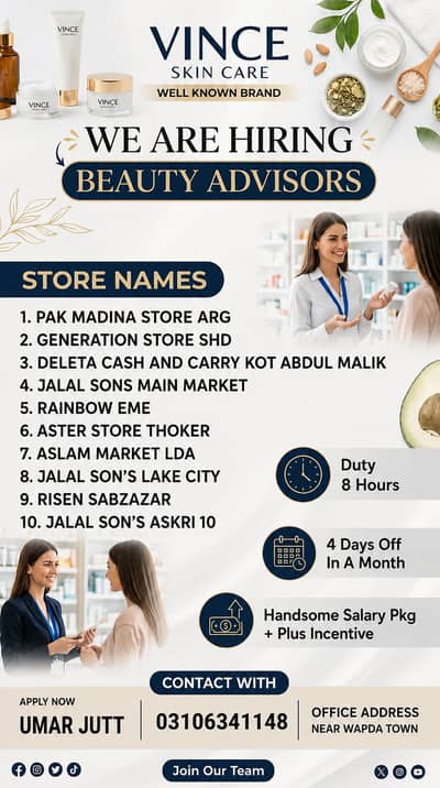 job available for Vince skin care only for girls
