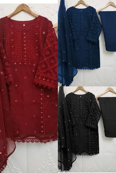 Chiffon 3-Piece Suit for Girls with Pearls Embroidery
