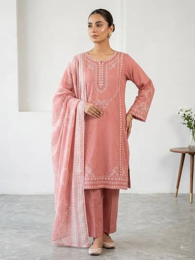 Elegant Pink Embroidered 3-Piece Suit Description: خوبصورت
