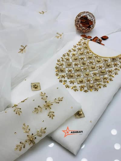 Beautiful White Organza Wedding Suit with Zari & Beads work