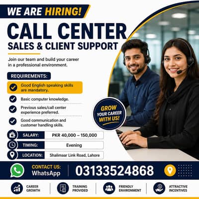 Call Center Staff Required – English Speaking