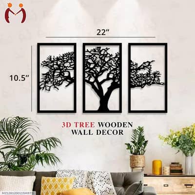 Modern Tree Wall Art Set Black Laser Cut 3pcs